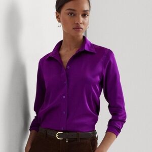 NWOT Lauren Ralph Lauren XS Old Money Quiet Luxury Satin Charmeuse Button Shirt